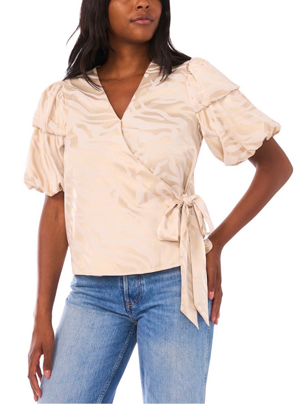 Vince Camuto Cream Jacquard Wrap Blouse with Puff Sleeves